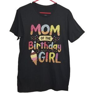 Womens Black Graphic Small Tshirt "Mom Birthday Girl" Ice cream Confetti NWOT